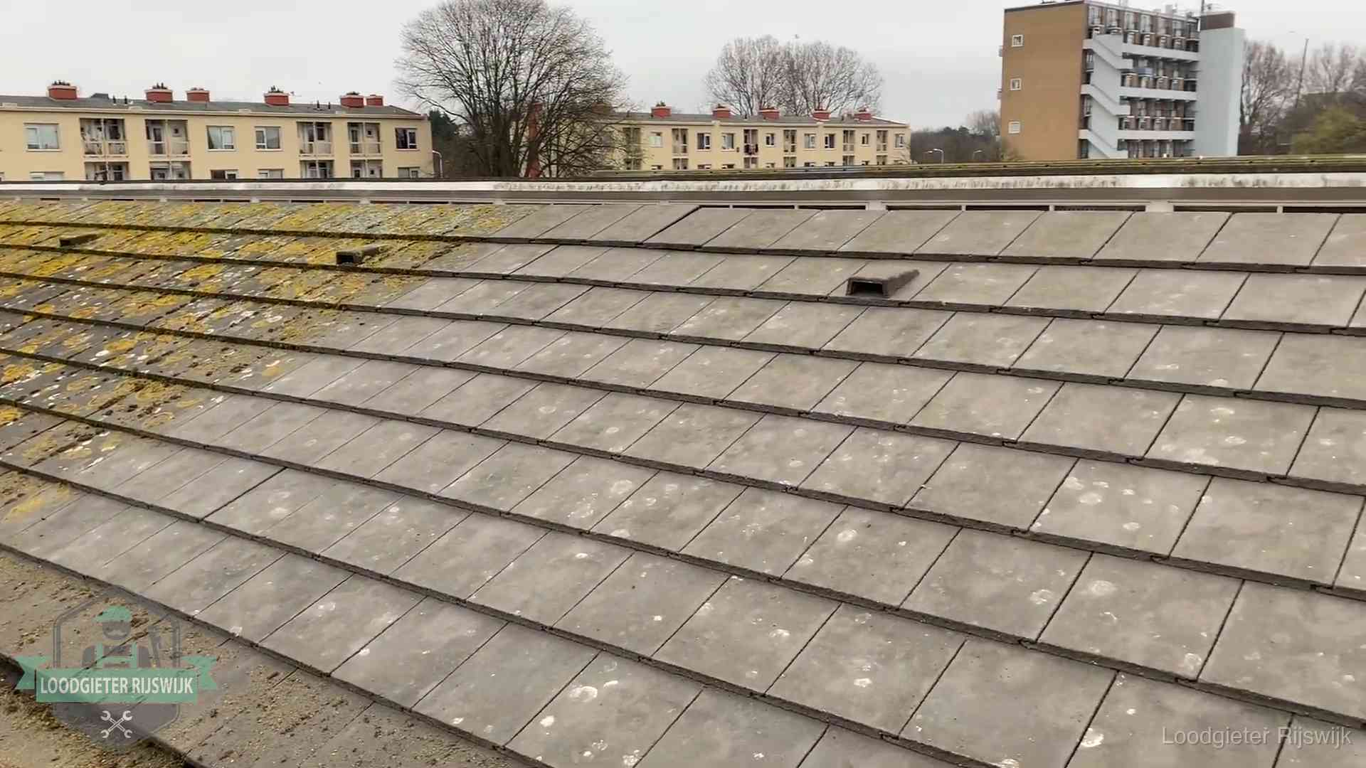 Dakpannen op een schuin dak in Rijswijk Schuin dak met betonpannen vol mos in Rijswijk, een risico op lekkage bij de pannen